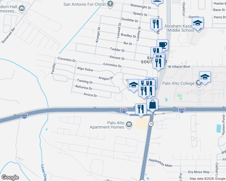 map of restaurants, bars, coffee shops, grocery stores, and more near 9606 Palo Corto Street in San Antonio