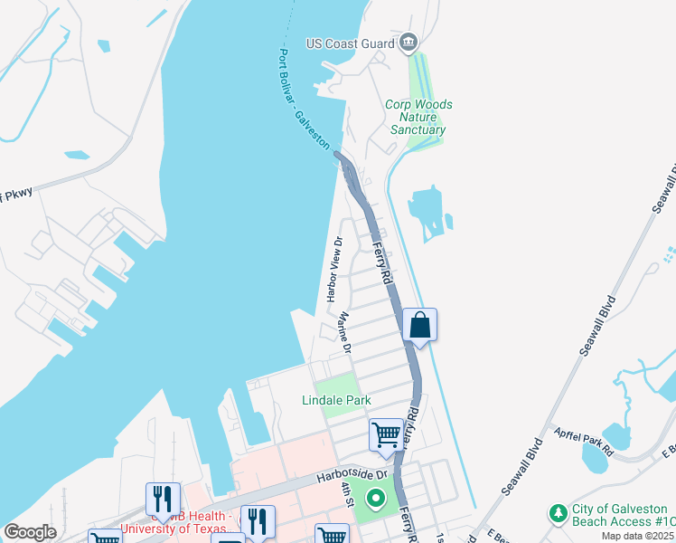map of restaurants, bars, coffee shops, grocery stores, and more near 1113 Marine Street in Galveston