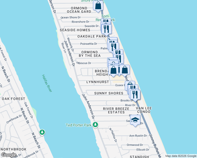 map of restaurants, bars, coffee shops, grocery stores, and more near 124 Lynnhurst Drive in Ormond Beach