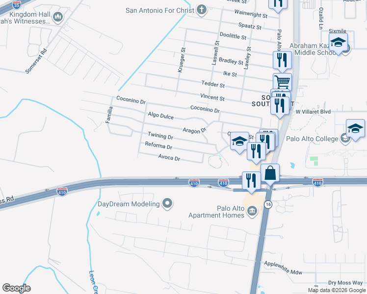 map of restaurants, bars, coffee shops, grocery stores, and more near 3239 Avoca Drive in San Antonio
