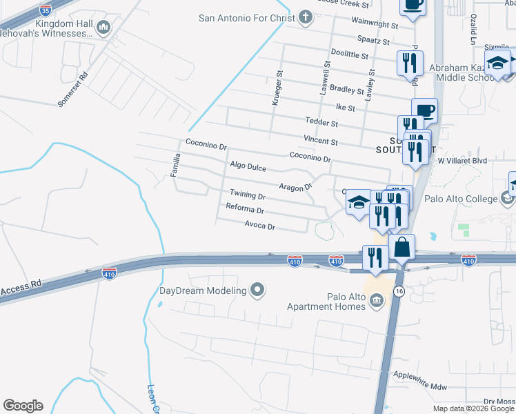 map of restaurants, bars, coffee shops, grocery stores, and more near 3339 Twining Drive in San Antonio