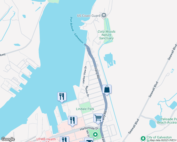 map of restaurants, bars, coffee shops, grocery stores, and more near 1221 Marine Drive in Galveston