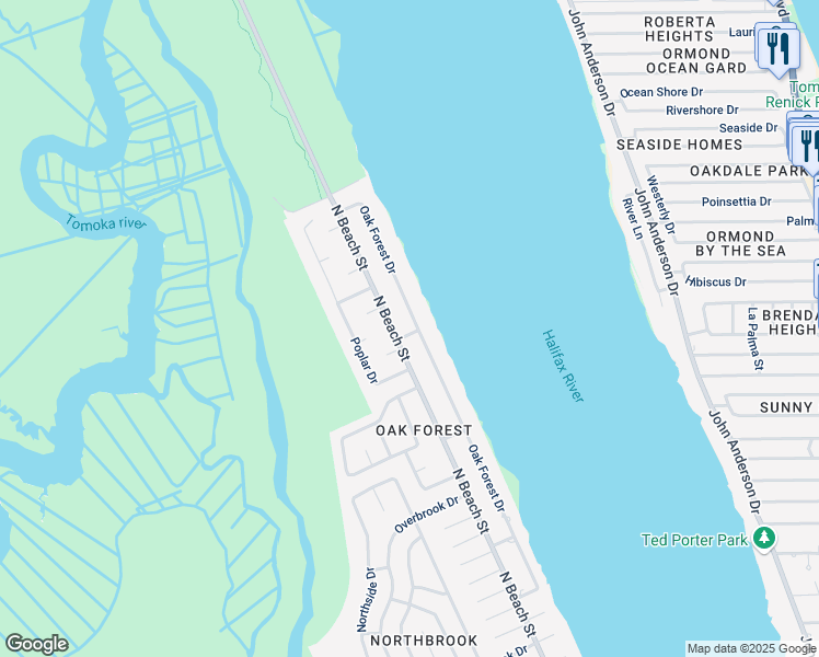 map of restaurants, bars, coffee shops, grocery stores, and more near 1503 Oak Forest Drive in Ormond Beach