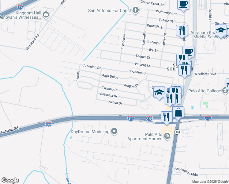 map of restaurants, bars, coffee shops, grocery stores, and more near 3339 Twining Drive in San Antonio