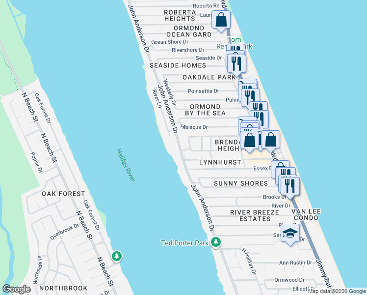 map of restaurants, bars, coffee shops, grocery stores, and more near 1359 John Anderson Drive in Ormond Beach