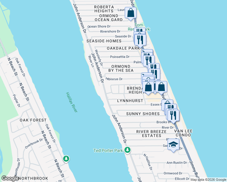 map of restaurants, bars, coffee shops, grocery stores, and more near 16 Linda Street in Ormond Beach