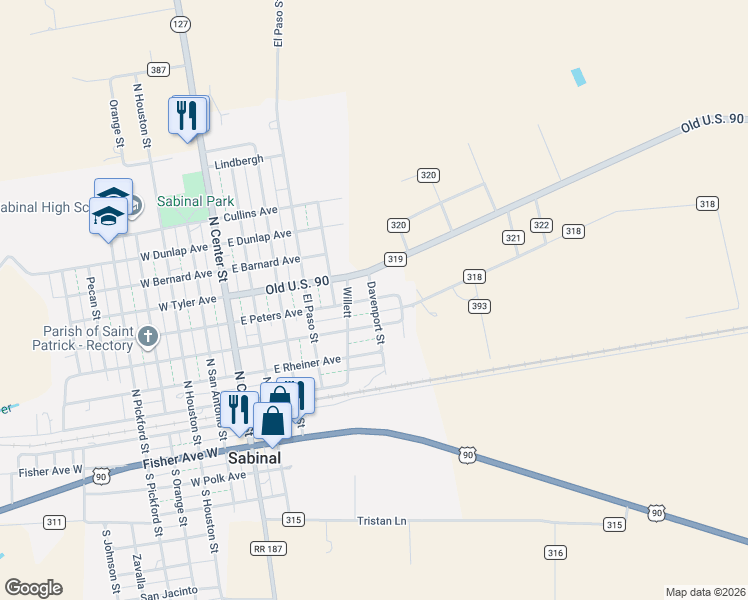 map of restaurants, bars, coffee shops, grocery stores, and more near 619 East Peters Avenue in Sabinal