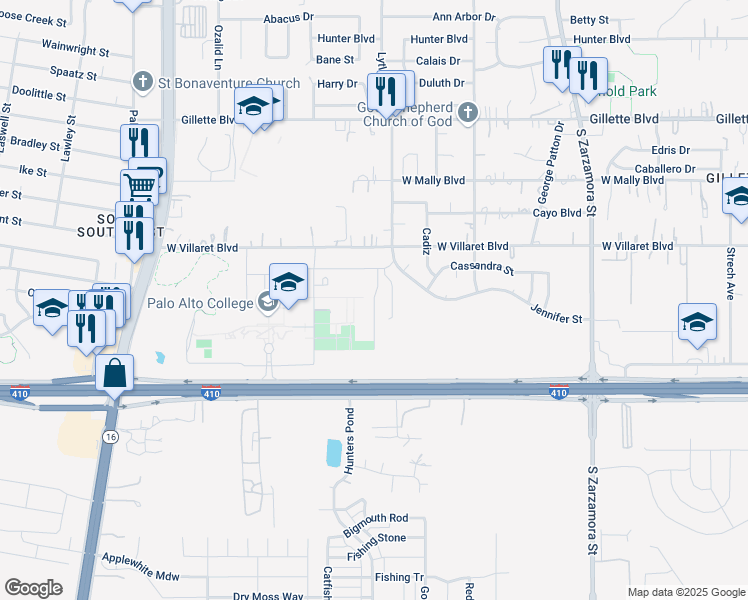 map of restaurants, bars, coffee shops, grocery stores, and more near Lower Presidio Rd in San Antonio