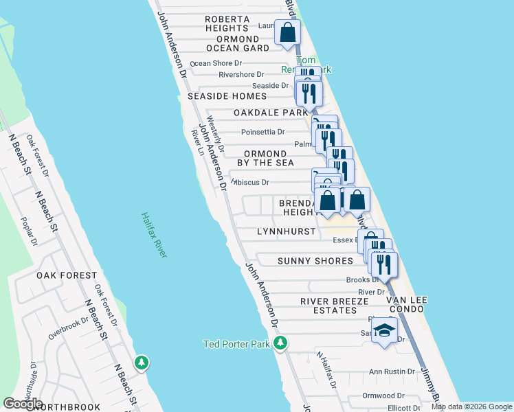 map of restaurants, bars, coffee shops, grocery stores, and more near 16 Linda Street in Ormond Beach