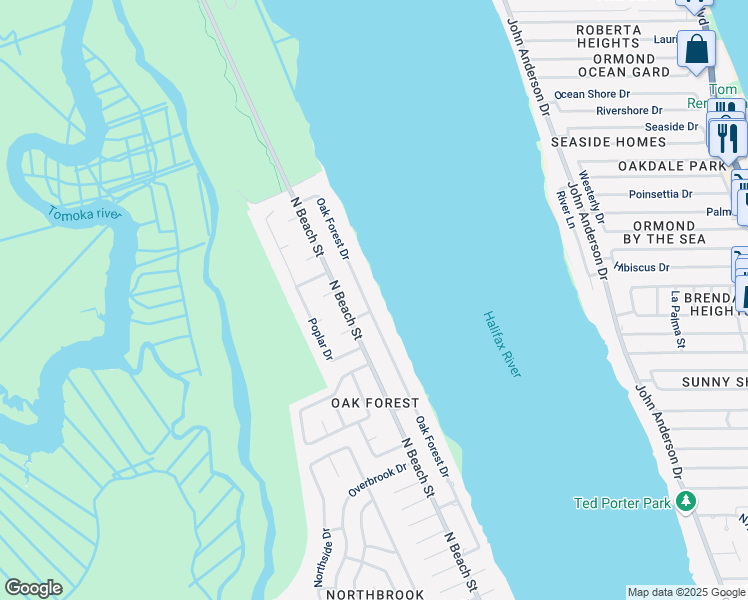 map of restaurants, bars, coffee shops, grocery stores, and more near 1503 Oak Forest Drive in Ormond Beach