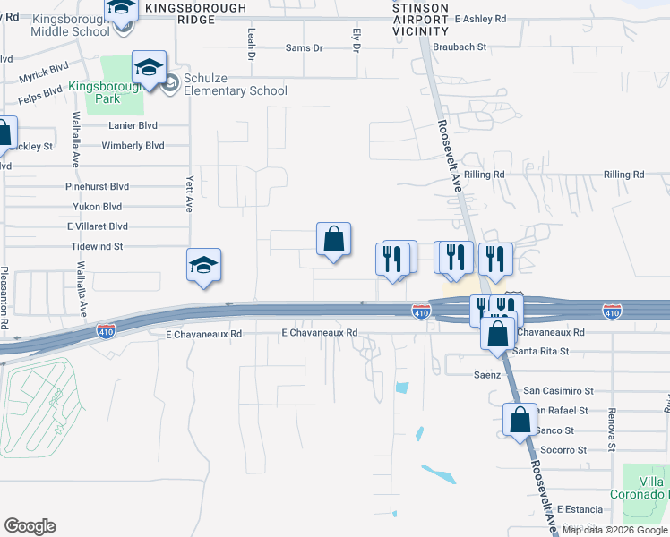 map of restaurants, bars, coffee shops, grocery stores, and more near 5345 Roosevelt Avenue in San Antonio