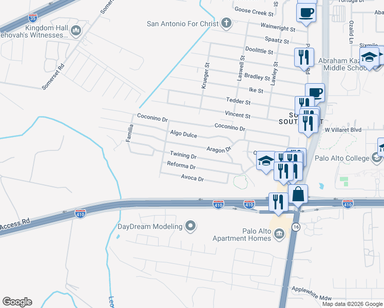 map of restaurants, bars, coffee shops, grocery stores, and more near 3339 Twining Drive in San Antonio