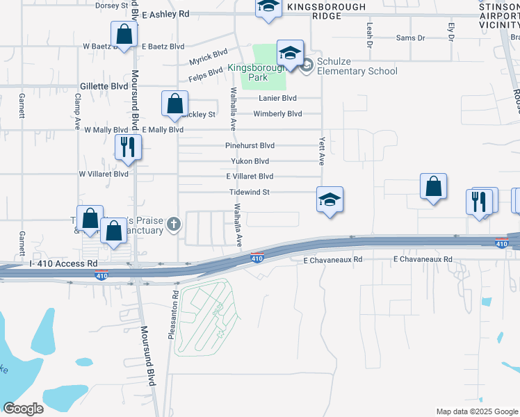 map of restaurants, bars, coffee shops, grocery stores, and more near 443 Pleasanton Spring in San Antonio