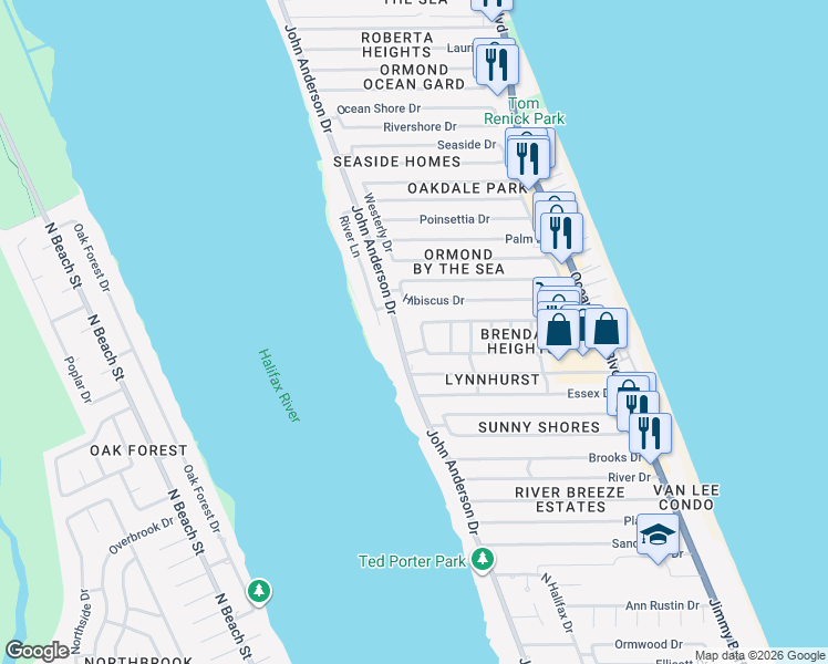 map of restaurants, bars, coffee shops, grocery stores, and more near 1359 John Anderson Drive in Ormond Beach