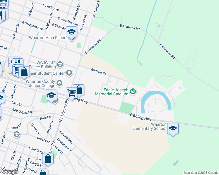 map of restaurants, bars, coffee shops, grocery stores, and more near 1823 Stadium Road in Wharton