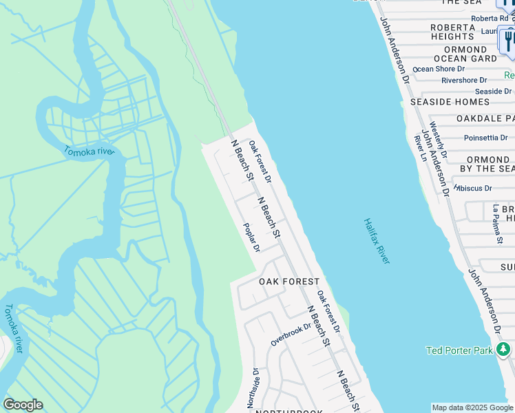 map of restaurants, bars, coffee shops, grocery stores, and more near Red Cedar Court in Ormond Beach