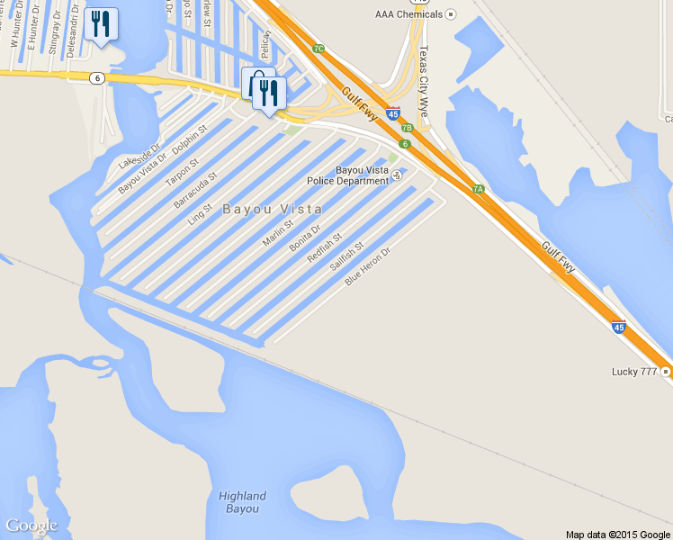 map of restaurants, bars, coffee shops, grocery stores, and more near 1292 Blue Heron Drive in Bayou Vista