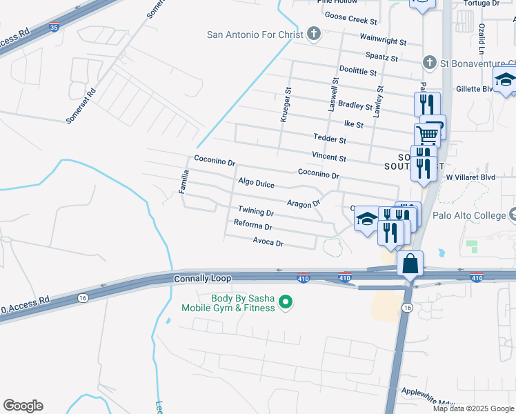 map of restaurants, bars, coffee shops, grocery stores, and more near 3339 Twining Drive in San Antonio