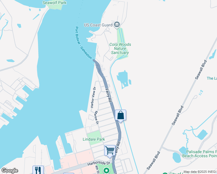 map of restaurants, bars, coffee shops, grocery stores, and more near 102 Coral Lane in Galveston