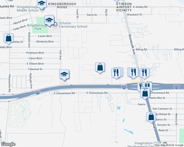 map of restaurants, bars, coffee shops, grocery stores, and more near 5345 Roosevelt Avenue in San Antonio