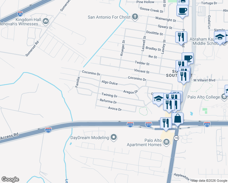 map of restaurants, bars, coffee shops, grocery stores, and more near 3339 Twining Drive in San Antonio