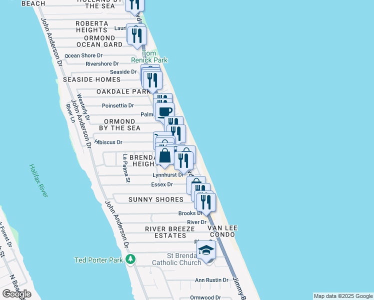 map of restaurants, bars, coffee shops, grocery stores, and more near 1236 Ocean Shore Boulevard in Ormond Beach