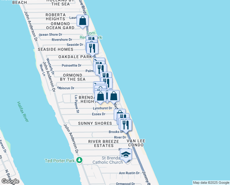 map of restaurants, bars, coffee shops, grocery stores, and more near 1236 Ocean Shore Boulevard in Ormond Beach