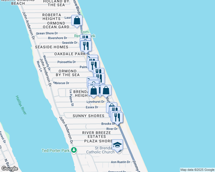 map of restaurants, bars, coffee shops, grocery stores, and more near 1275 Ocean Shore Boulevard in Ormond Beach