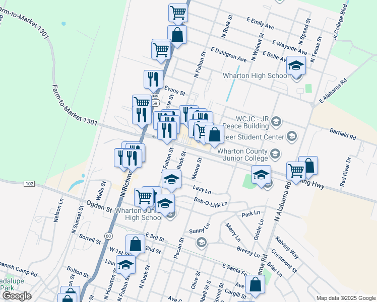 map of restaurants, bars, coffee shops, grocery stores, and more near 202 East Boling Highway in Wharton