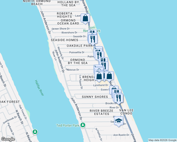 map of restaurants, bars, coffee shops, grocery stores, and more near 15 Hibiscus Drive in Ormond Beach