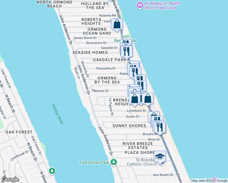 map of restaurants, bars, coffee shops, grocery stores, and more near 33 Hibiscus Drive in Ormond Beach