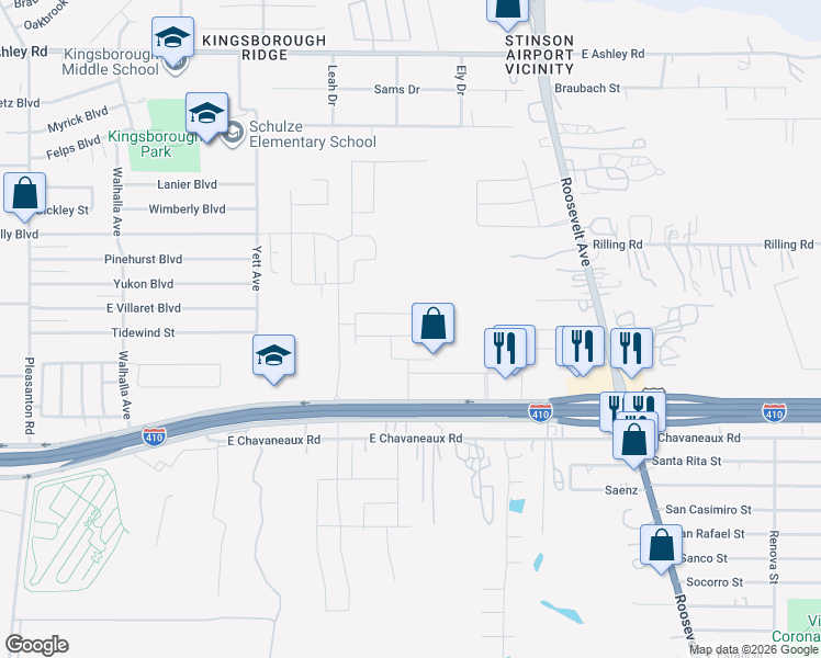 map of restaurants, bars, coffee shops, grocery stores, and more near 5345 Roosevelt Avenue in San Antonio