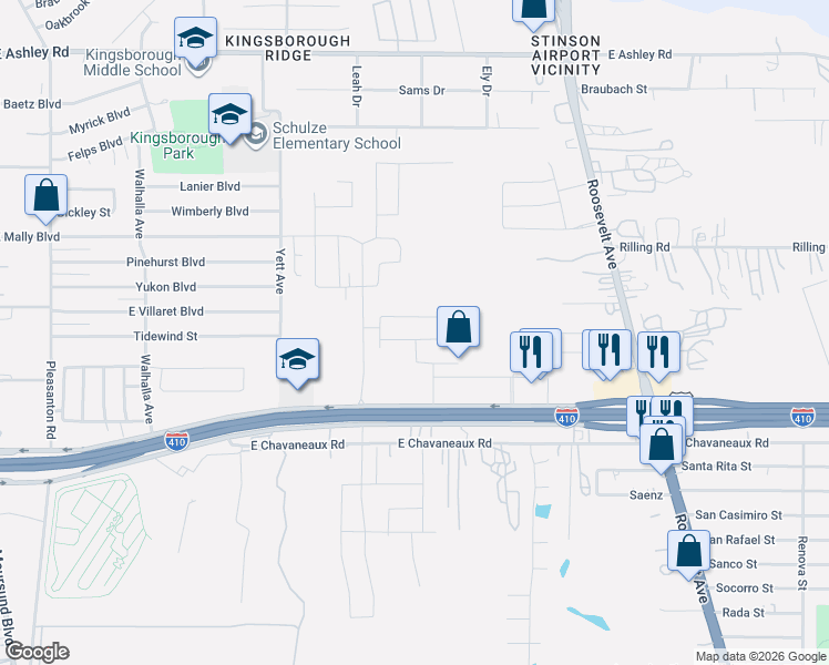 map of restaurants, bars, coffee shops, grocery stores, and more near 5345 Roosevelt Avenue in San Antonio