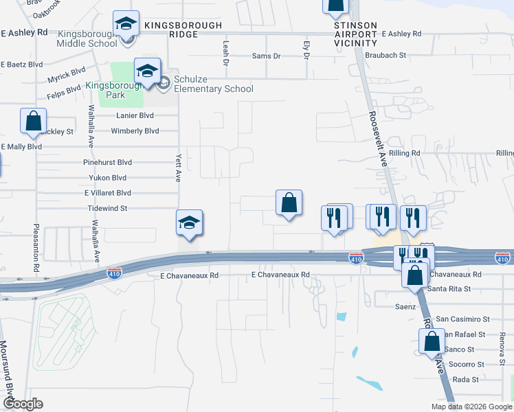 map of restaurants, bars, coffee shops, grocery stores, and more near 5345 Roosevelt Avenue in San Antonio