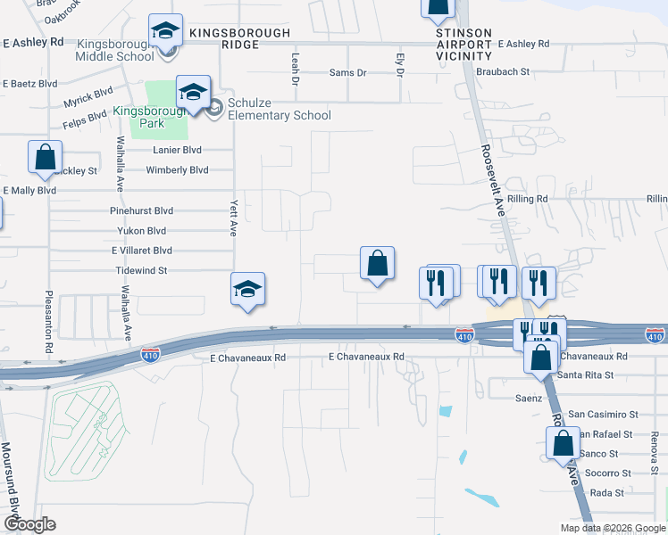map of restaurants, bars, coffee shops, grocery stores, and more near 5345 Roosevelt Avenue in San Antonio