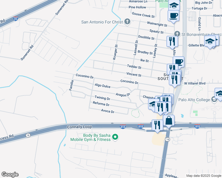 map of restaurants, bars, coffee shops, grocery stores, and more near 3302 Algo Dulce in San Antonio