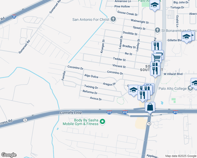map of restaurants, bars, coffee shops, grocery stores, and more near 3302 Algo Dulce in San Antonio