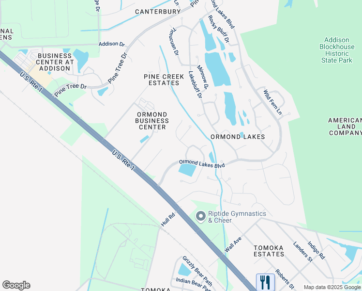 map of restaurants, bars, coffee shops, grocery stores, and more near 6 Stoney Ridge Lane in Ormond Beach