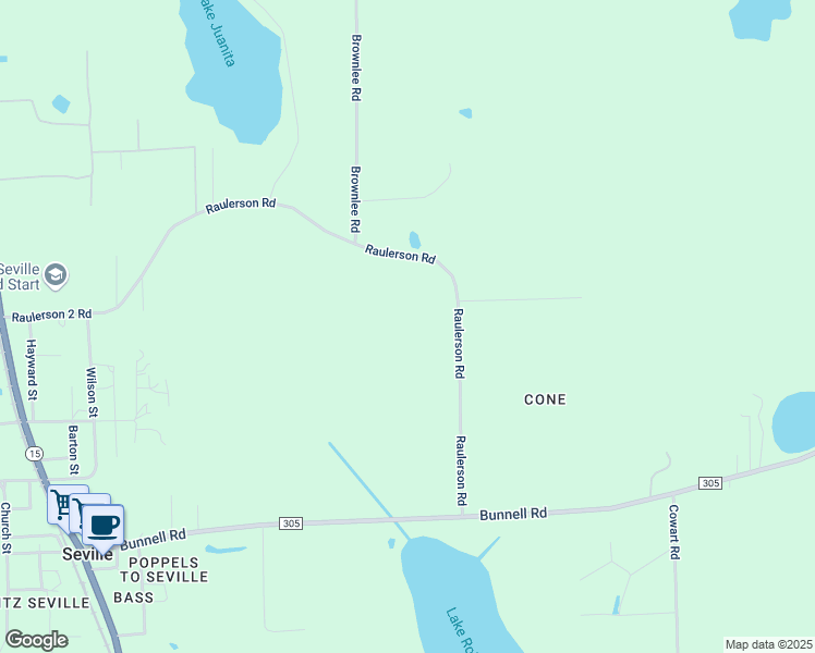 map of restaurants, bars, coffee shops, grocery stores, and more near 528 Raulerson Road in Seville