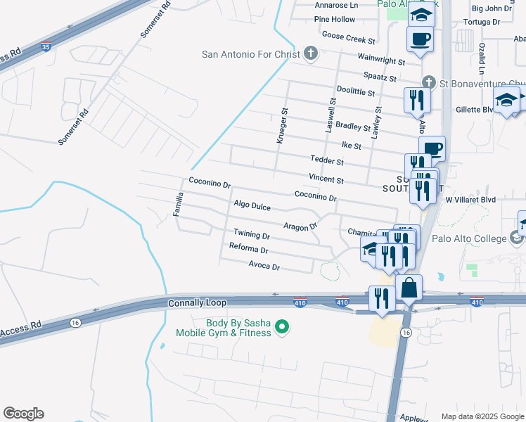 map of restaurants, bars, coffee shops, grocery stores, and more near 3302 Algo Dulce in San Antonio