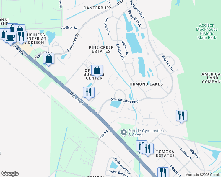 map of restaurants, bars, coffee shops, grocery stores, and more near 6 Stoney Ridge Lane in Ormond Beach