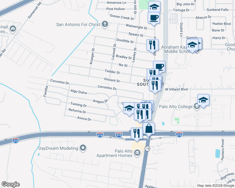 map of restaurants, bars, coffee shops, grocery stores, and more near 3207 Aragon Drive in San Antonio