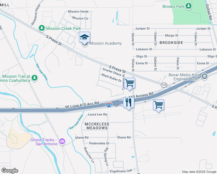 map of restaurants, bars, coffee shops, grocery stores, and more near 3310 Stephen Foster in San Antonio