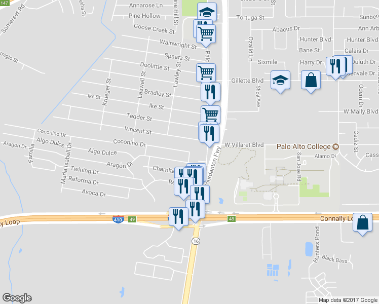 map of restaurants, bars, coffee shops, grocery stores, and more near Coconino Dr & Wikieup St in San Antonio