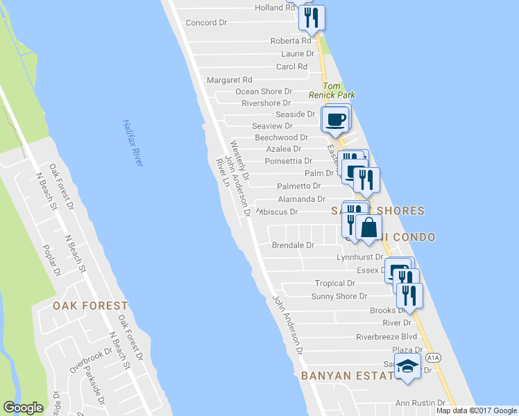 map of restaurants, bars, coffee shops, grocery stores, and more near 65 Hibiscus Drive in Ormond Beach