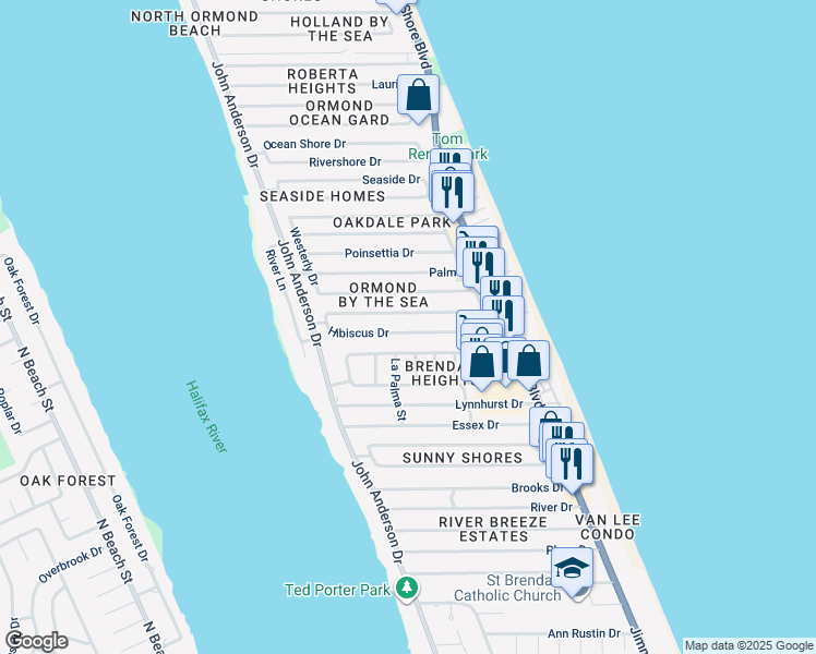 map of restaurants, bars, coffee shops, grocery stores, and more near 33 Hibiscus Drive in Ormond Beach