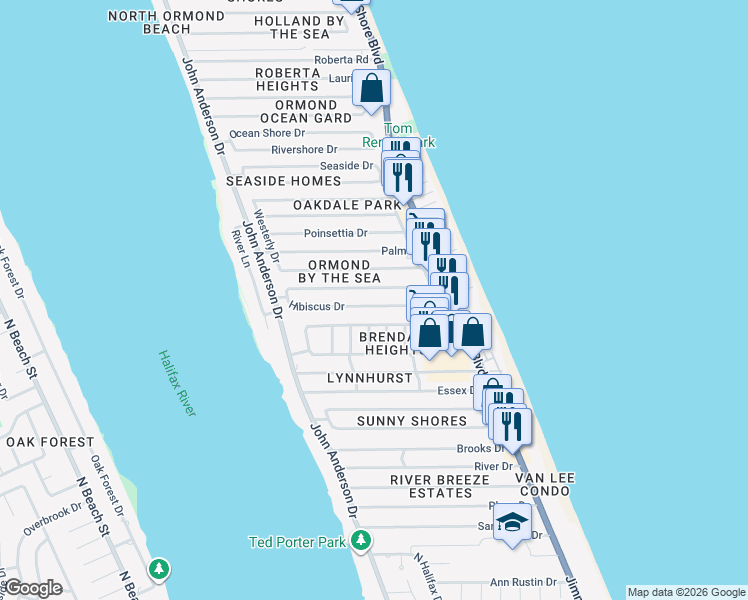 map of restaurants, bars, coffee shops, grocery stores, and more near 27 Hibiscus Drive in Ormond Beach