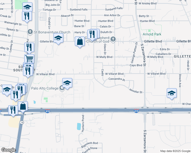 map of restaurants, bars, coffee shops, grocery stores, and more near 2027 Jennifer Street in San Antonio