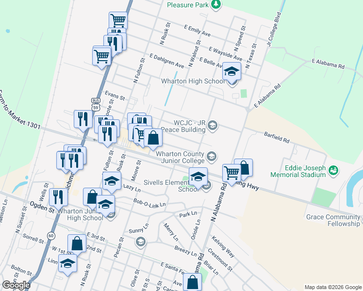 map of restaurants, bars, coffee shops, grocery stores, and more near 611 Helms Avenue in Wharton