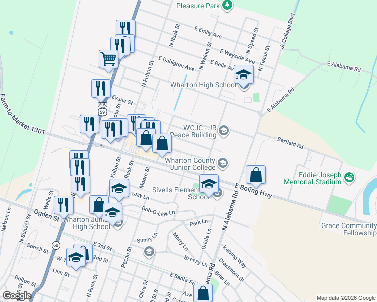 map of restaurants, bars, coffee shops, grocery stores, and more near 611 Helms Avenue in Wharton